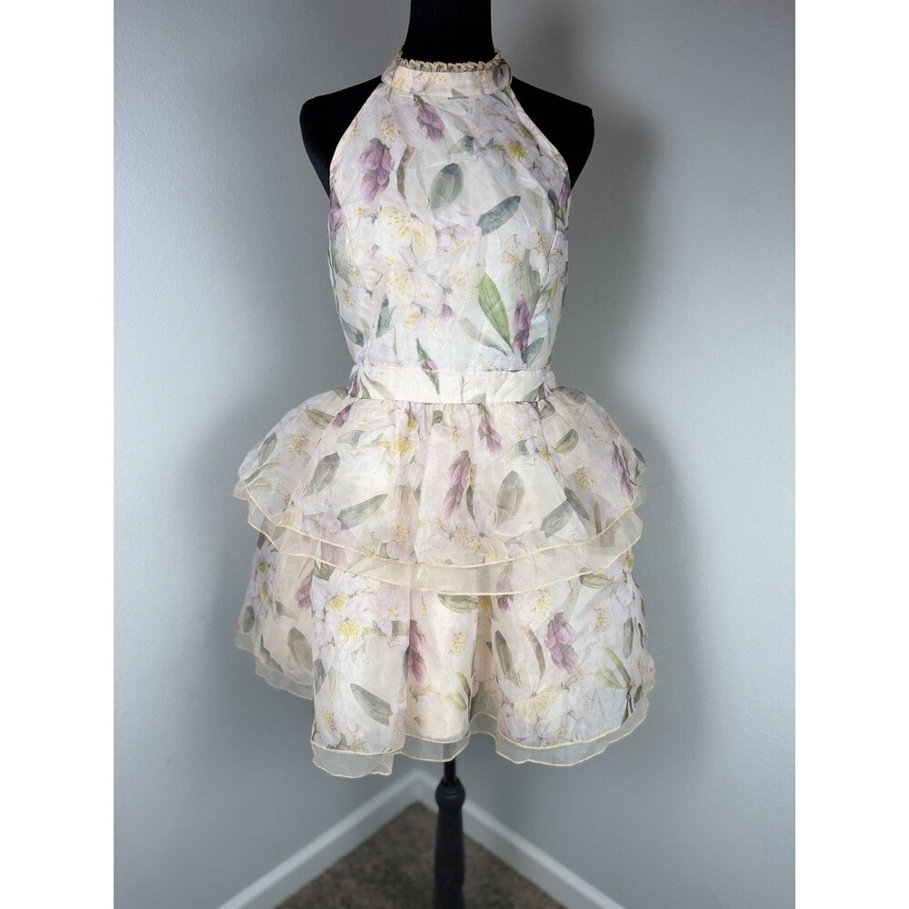 Arose Studio Danna Floral Print Halter Mini Dress Tiered Ruffle Size Large
